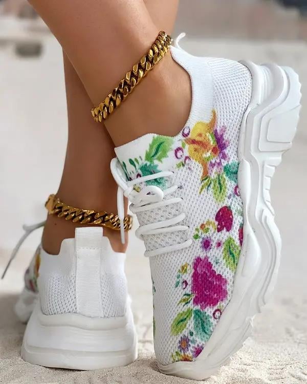 🔥HOT SALE — Floral Print Lace-up Breathable Orthopedic Sneakers