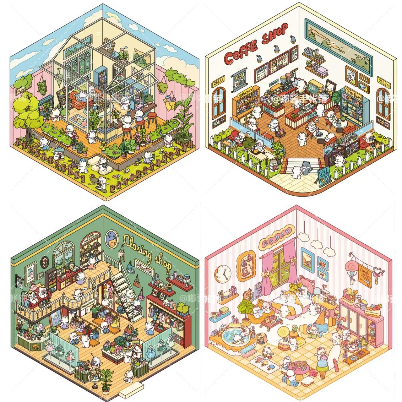 3D Sticker Scene,Make a Sunshine Greenhouse|Coffee Shop|Candy House|Clothing Shop