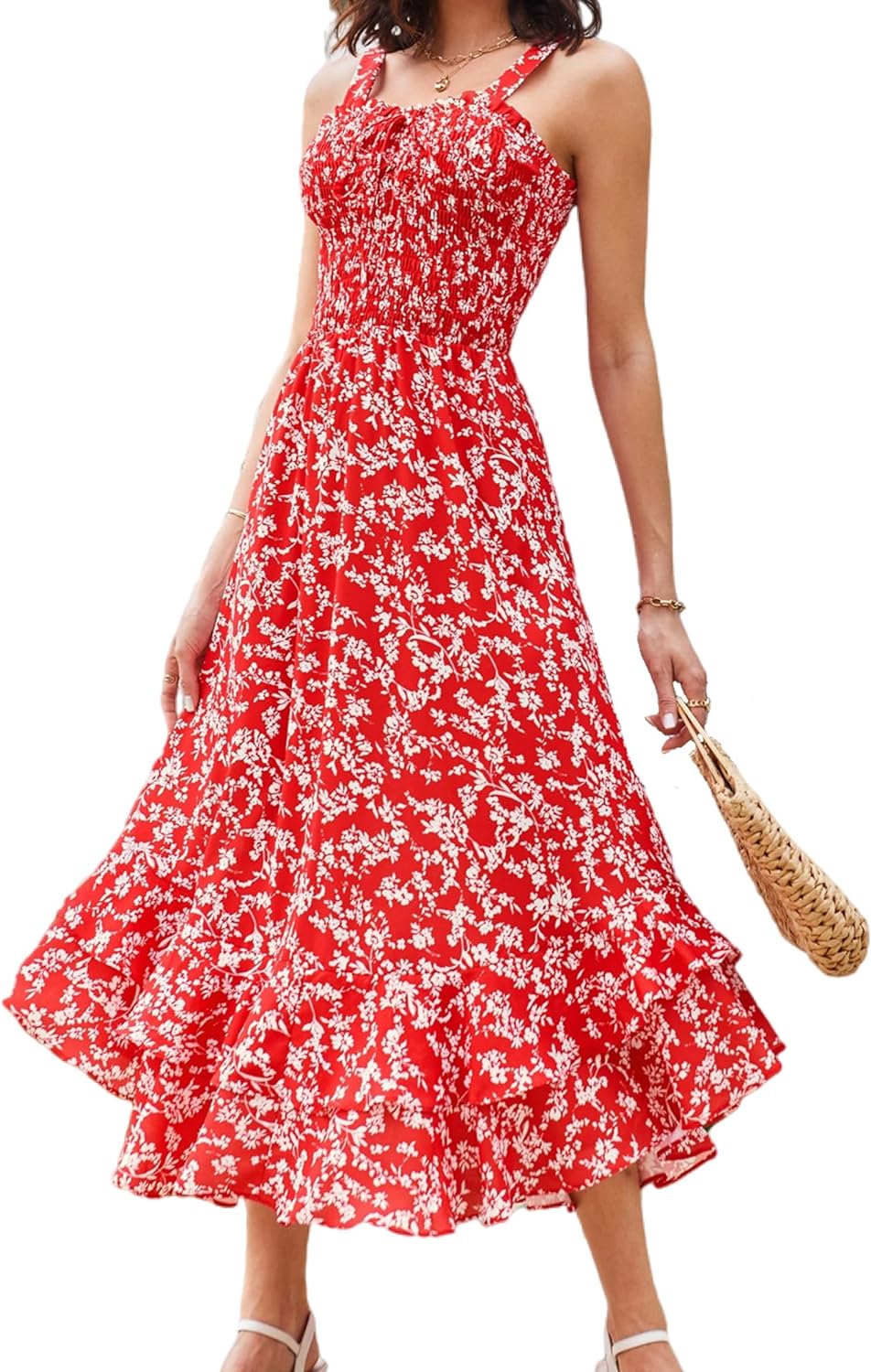 GRACE KARIN Women's 2024 Summer Floral Boho Dress Square Neck Strapped Swing A Line Beach Long Maxi Dress