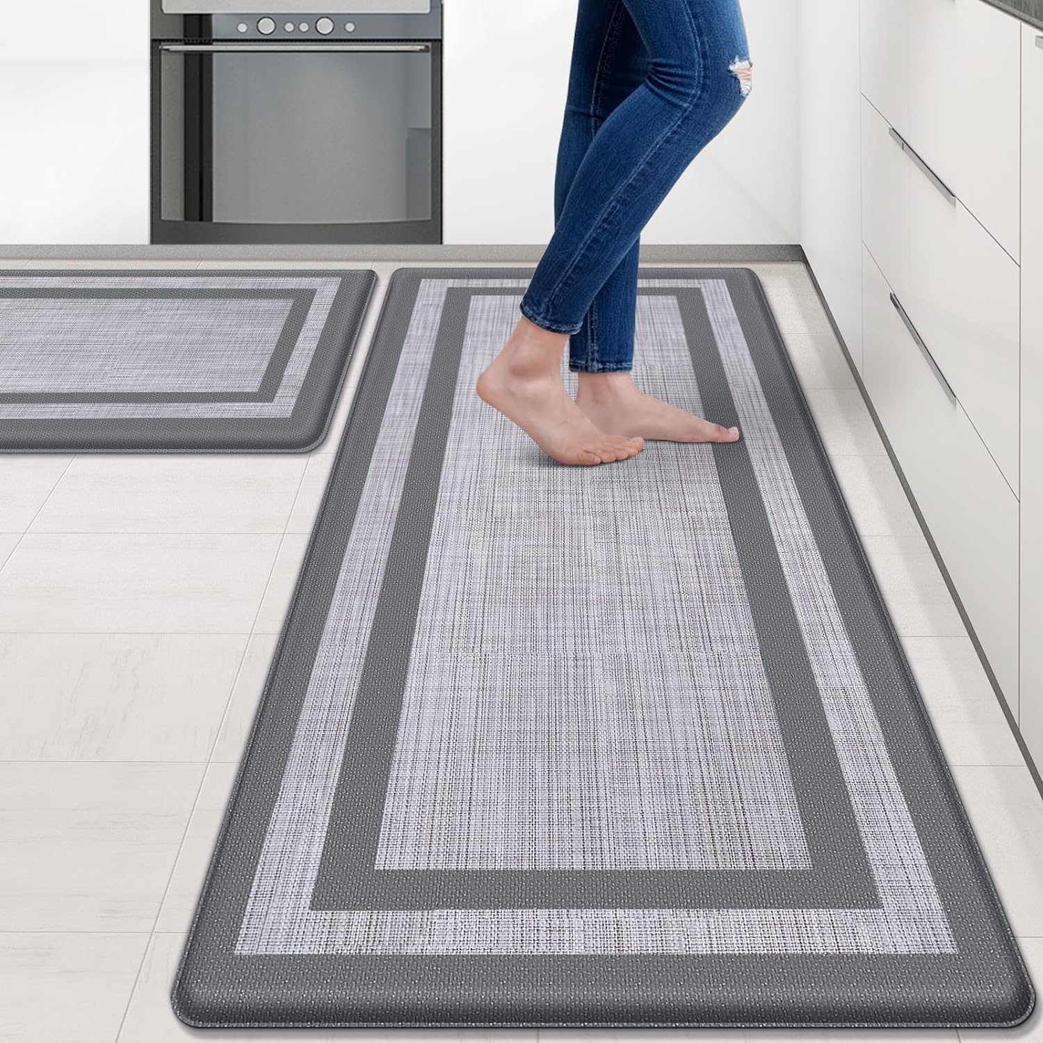 Mattitude Kitchen Mat [2 PCS] Cushioned Anti-Fatigue Non-Skid Waterproof Rugs Ergonomic Comfort Standing Mat for Kitchen, Floor, Office, Sink, Laundry, Black and Gray