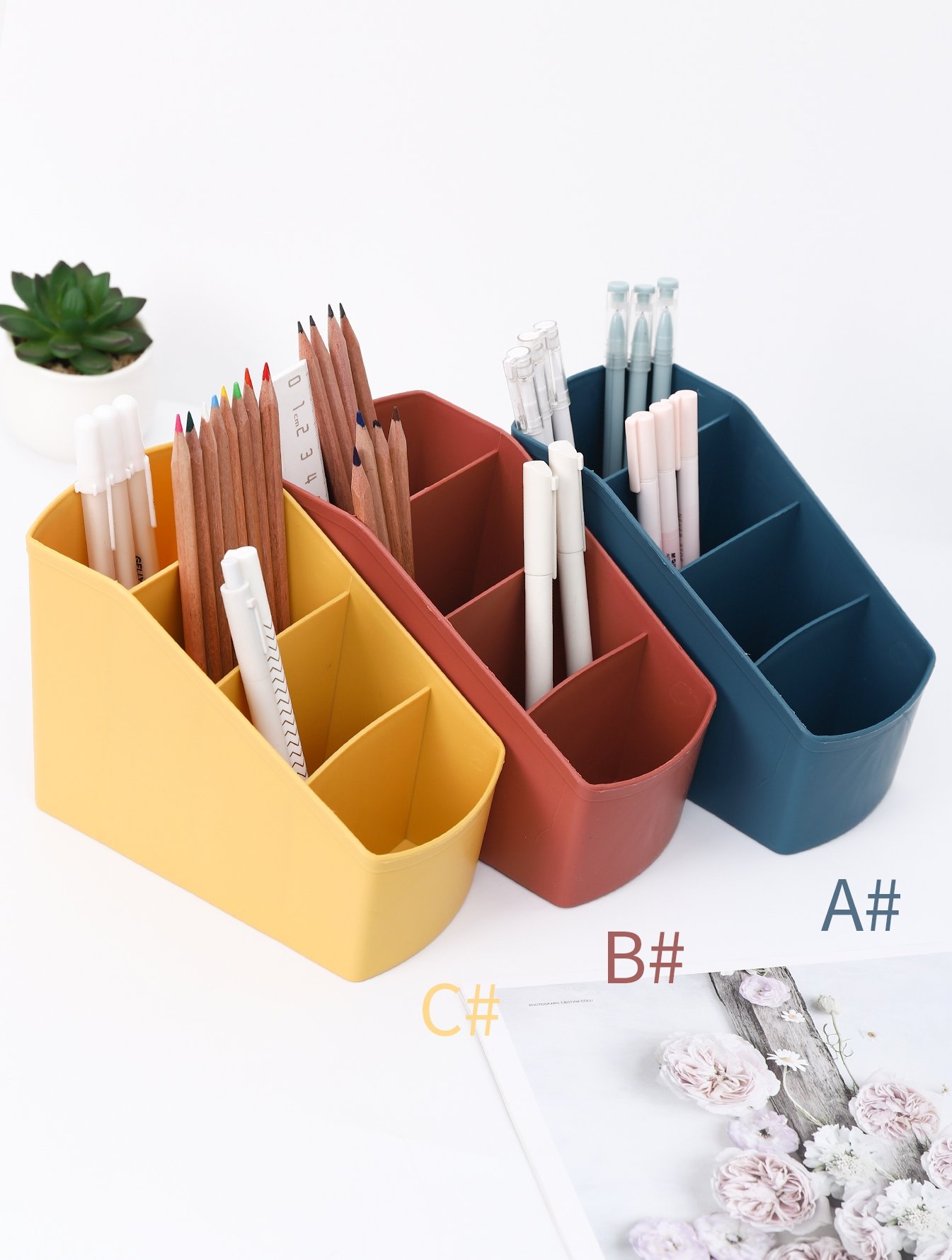 Solid Color Multi-grid Pen Holder 1pc