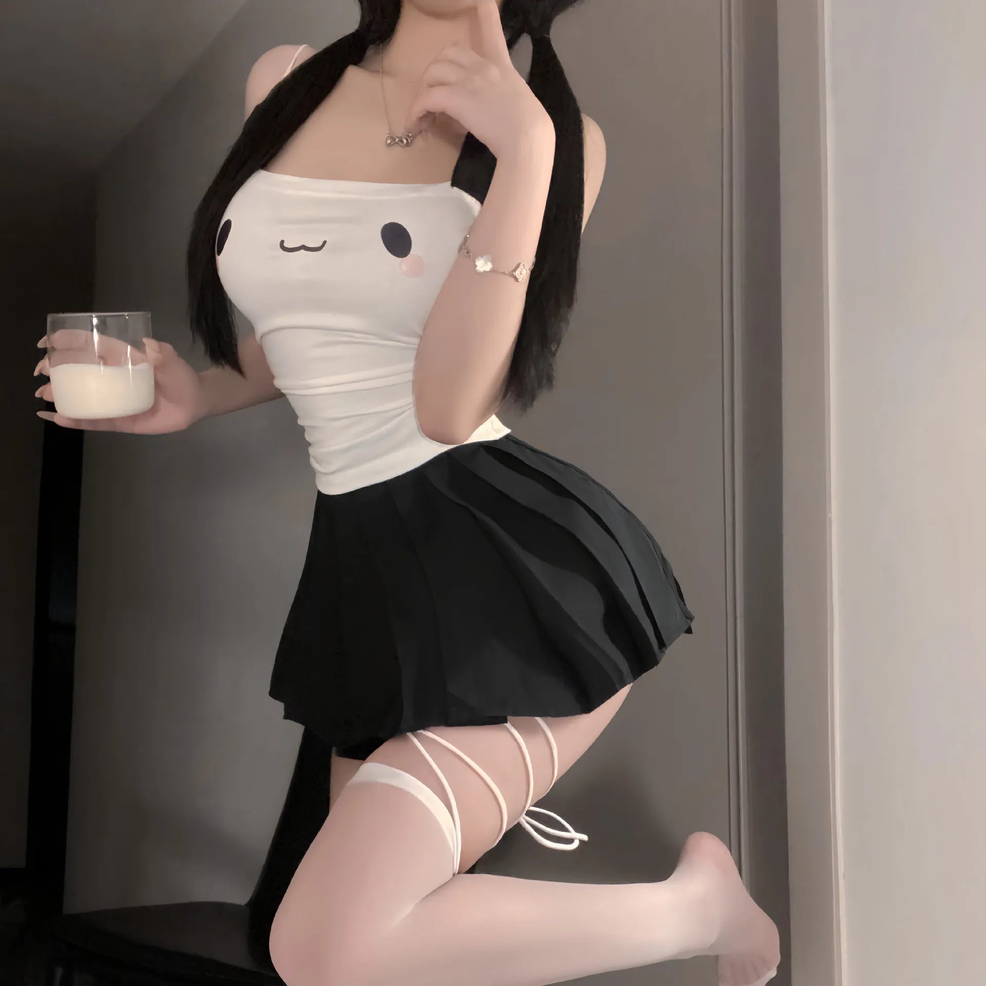 Cute Cat Ear Crop Top & Pleated Skirt Set - Playful Cartoon Print Outfit  PPF0335