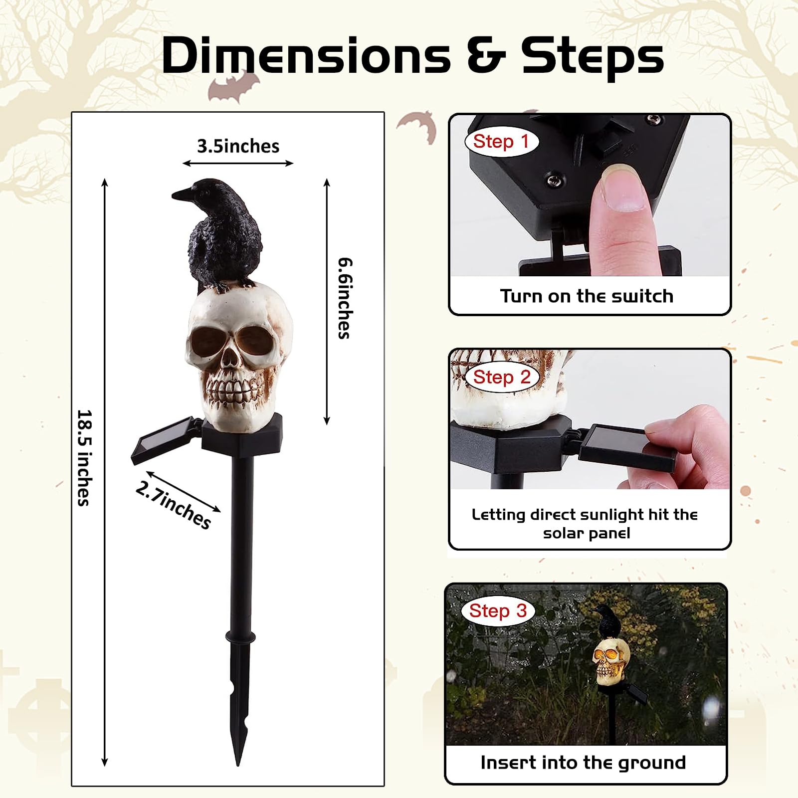 💀 Halloween Skull Solar Lights with Crow – Spooky Outdoor Decor
