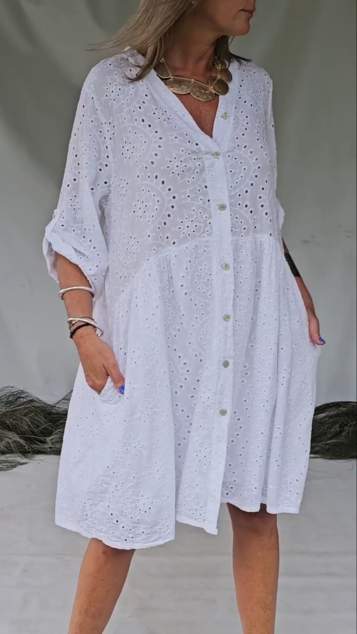 Women's Casual Solid Color V-Neck Lace Hollow Dress