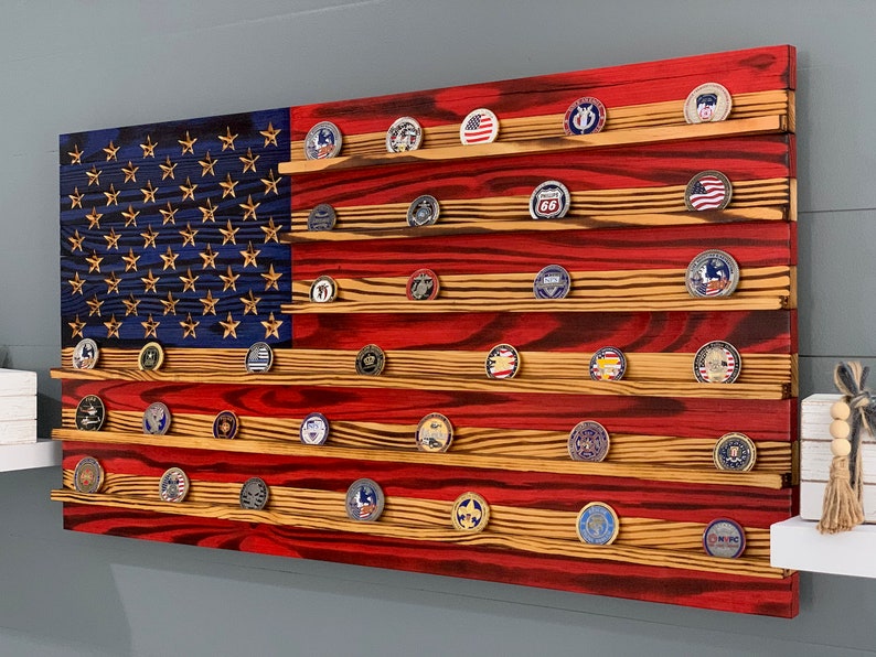 🔥Rustic American Flag Challenge Coin Display Shelf, Wooden Flag- Buy 2 Get Extra 10% Off