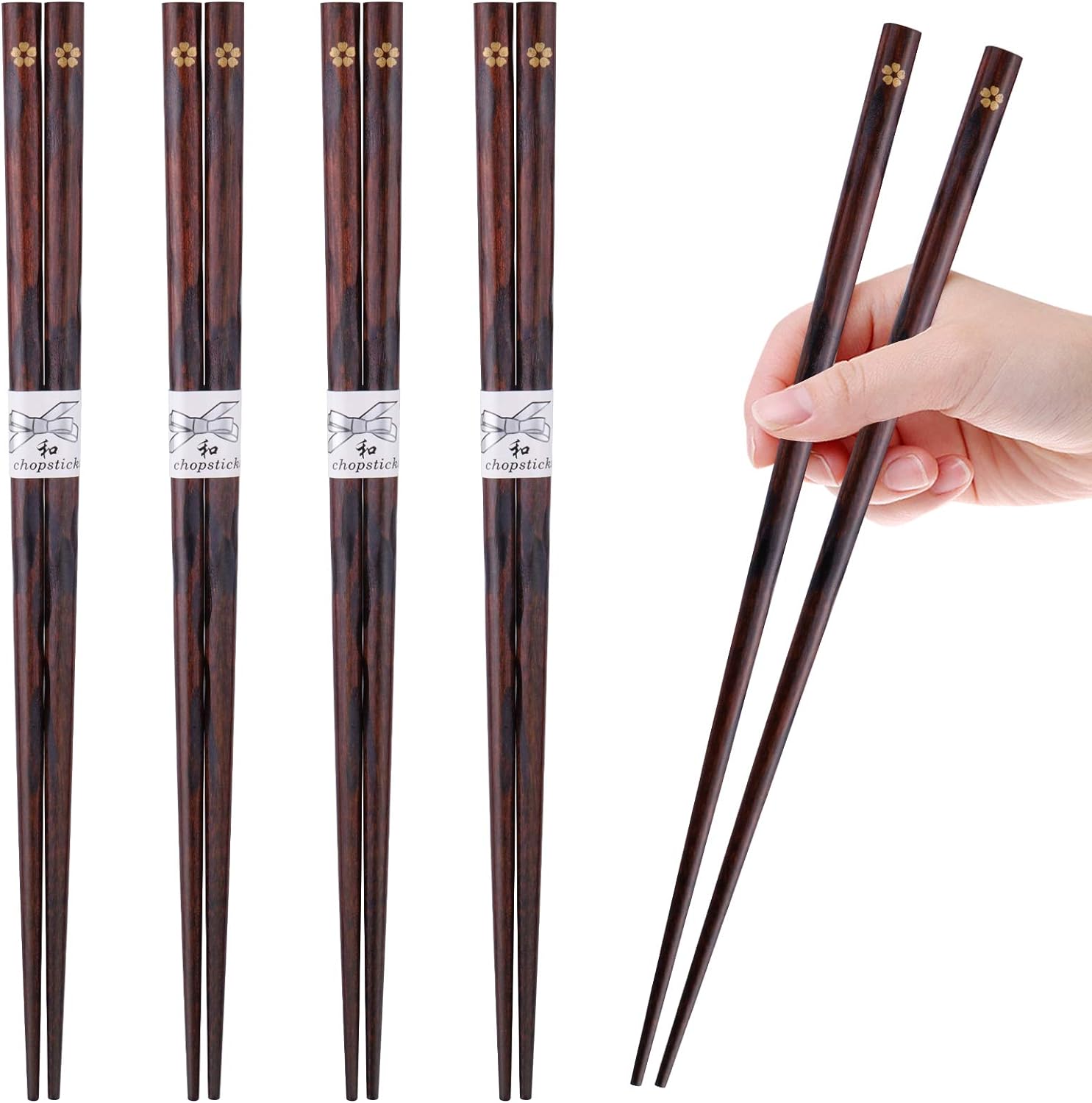 GLAMFIELDS Reusable Chopsticks Japanese Natural Wooden 5 Pairs Classic Style Lightweight Hand-Carved Safe Chop Sticks 8.8 Inch/22.5cm Gift Set