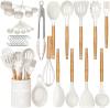 Umite Chef Kitchen Cooking Utensils Set, 33 pcs Non-Stick Silicone Cooking Kitchen Utensils Spatula Set with Holder, Wooden Handle Silicone Kitchen Gadgets Utensil Set (Khaki)