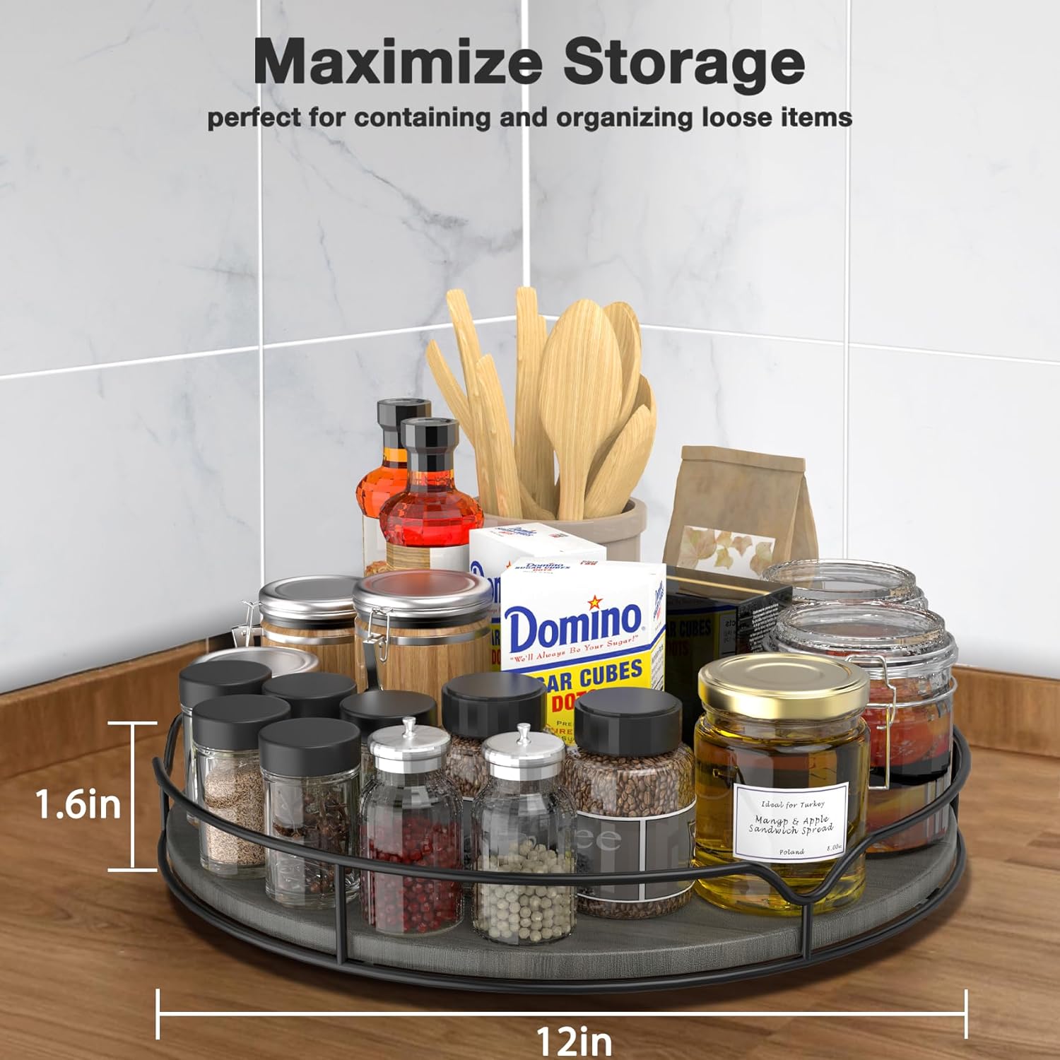 Lazy Susan Turntable Organizer for Cabinet Pantry Kitchen Countertop Refrigerator Cupboard, Pine Wood, 9