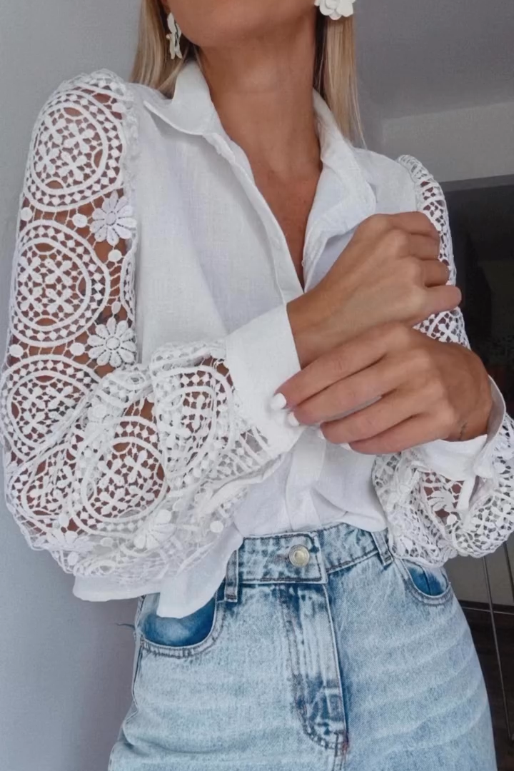 Women's Fashion Solid Color Lace Sleeve Splicing Shirt
