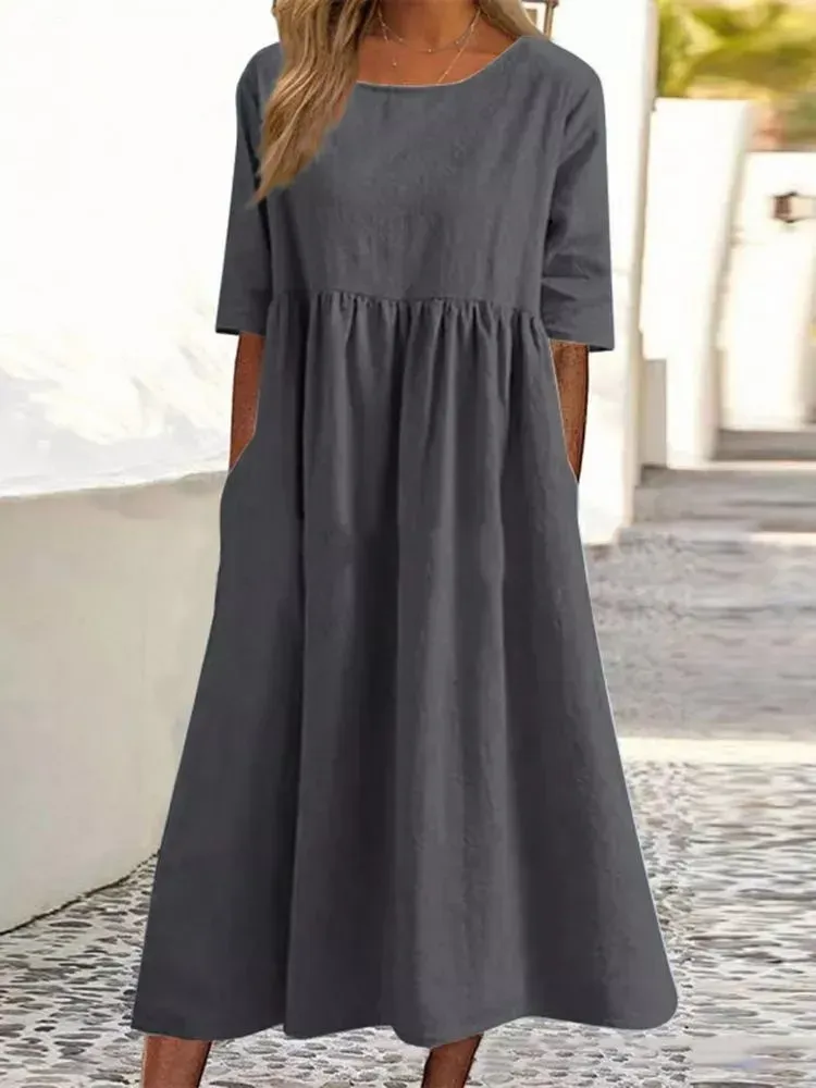 🔥(Last Day Promotion - 50% OFF) Women's Casual Basic Outdoor Crew Neck Pocket Smocked Cotton Dress, BUY 2 FREE SHIPPING