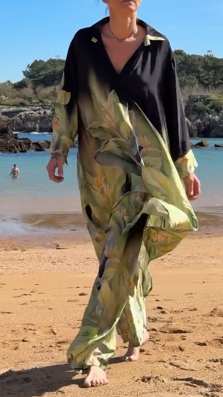 Women's Collar Printed Long Top+pants Loose Casual Suit