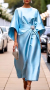 Women's Round Neck Satin Pleated Elegant Dress