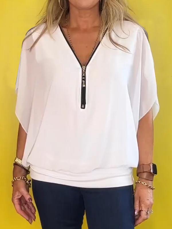 Women Chiffon Half-zip Short-sleeved Casual Shirt & Top