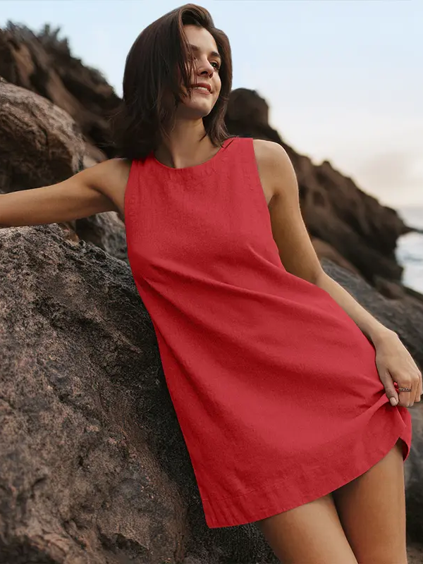 Women's Sleeveless Linen Mini Dress with Pockets