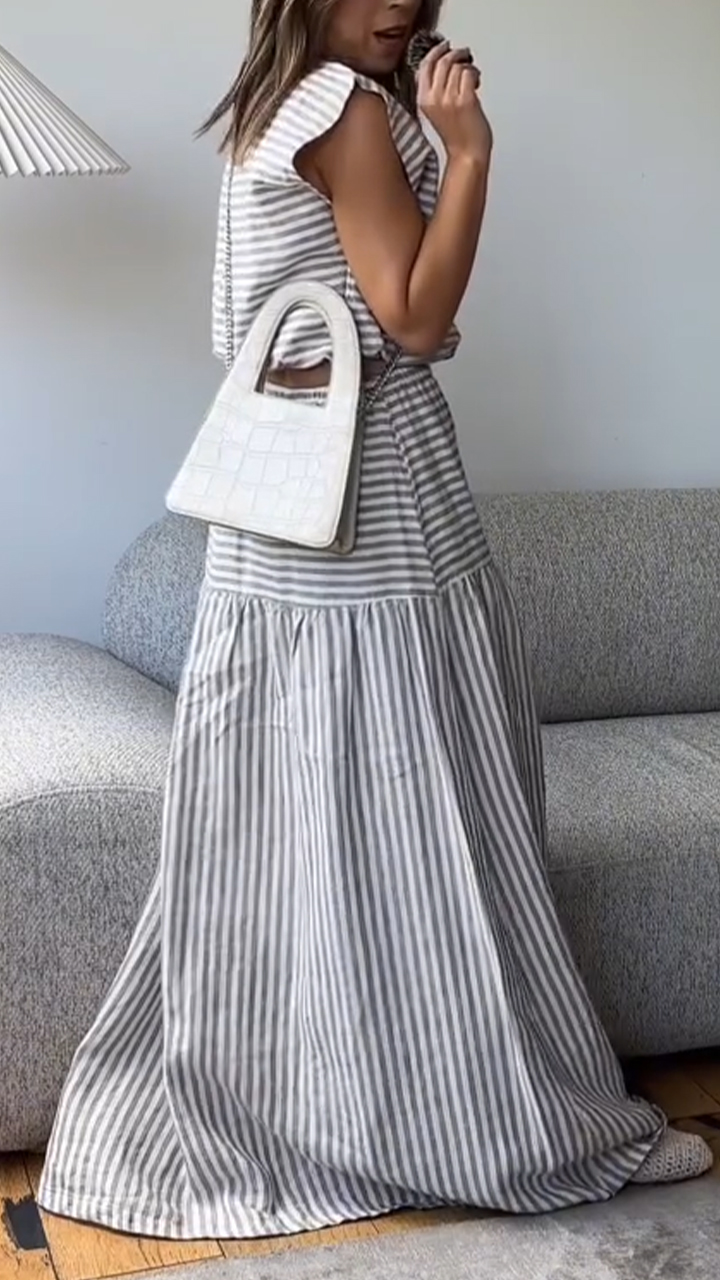 Ladies' Round Neck Striped Top+patchwork Skirt Casual Suit