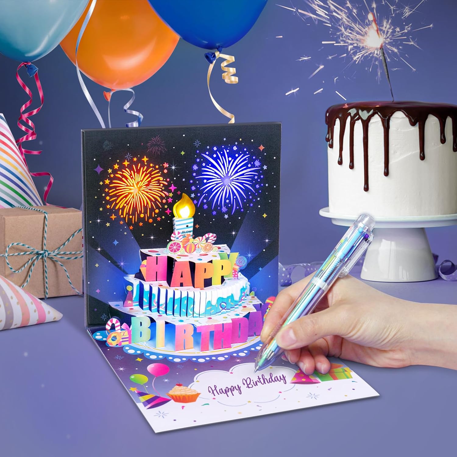 ⏰LAST DAY SALE 50% OFF💥Birthday Cards With Fireworks & Pop Up Cake & Blowable Light and Music