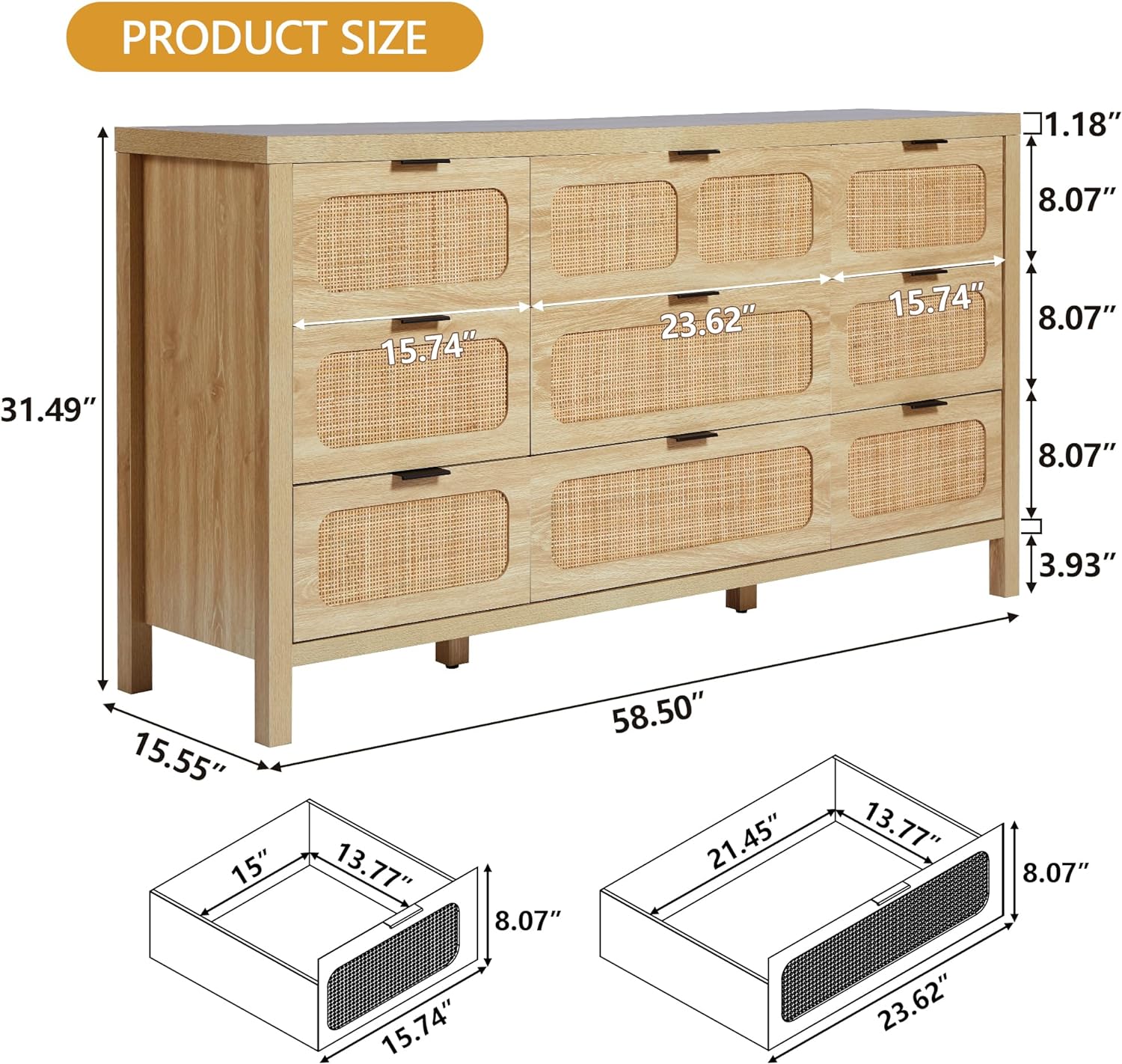 9 Drawer Dresser with Rattan Finish, Modern Farmhouse Chest of Drawers with Metal Handles, Accent Wood Storage Cabinet for Bedroom, Living Room and Kitchen (Natural)