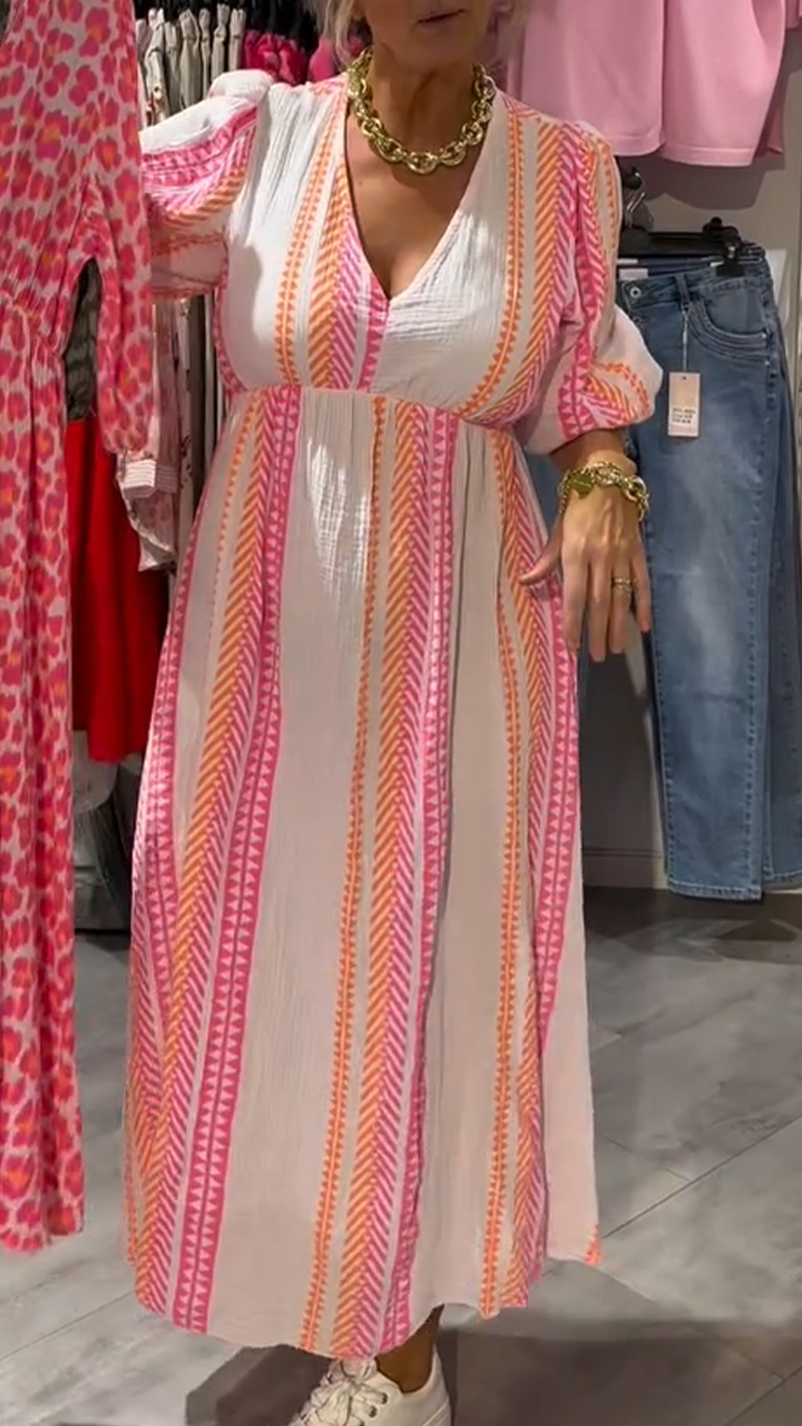 Women's V-neck Lantern Sleeve Printed Casual Dress