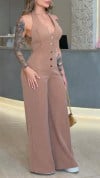 Women's V-neck Sleeveless Halter Neck Button Casual Jumpsuit