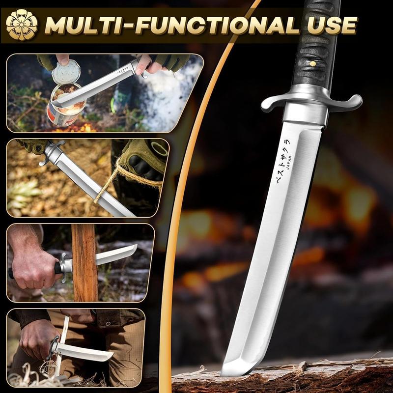 🗡️ Japanese Fixed Blade Knife – Hand-Forged Outdoor Knife with Phoenix Carved Sheath