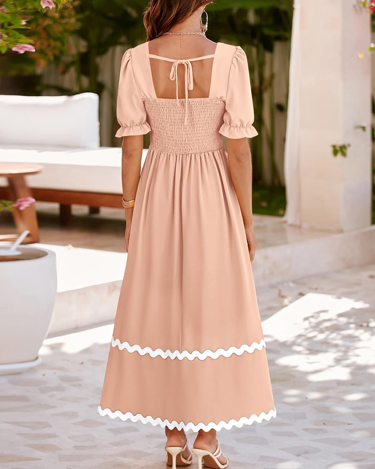 BTFBM Women's 2024 Summer Square Neck Short Puff Sleeve Dress Casual RIC Rac Tie Back Smocked A Line Flowy Maxi Dresses