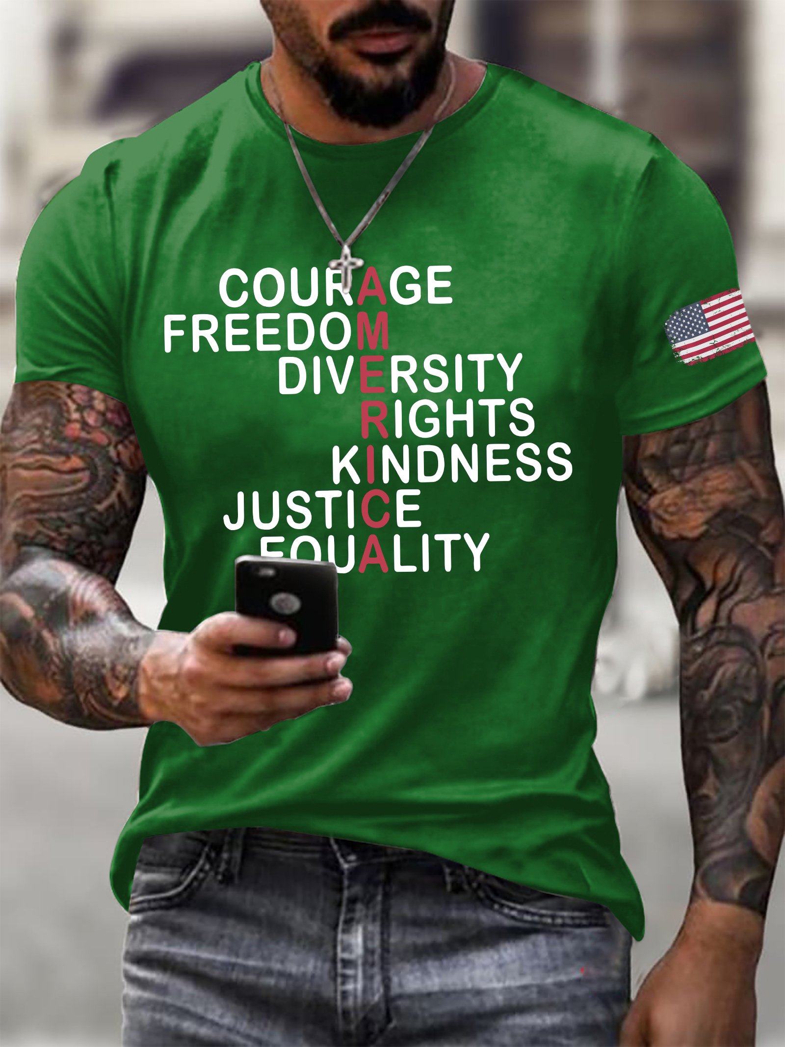 Men's Retro America Courage Freedom Diversity Rights Kindness Justice Equality Print T-Shirt