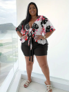 Women's Plus Size Tropical Print Peplum Top and Shorts Set