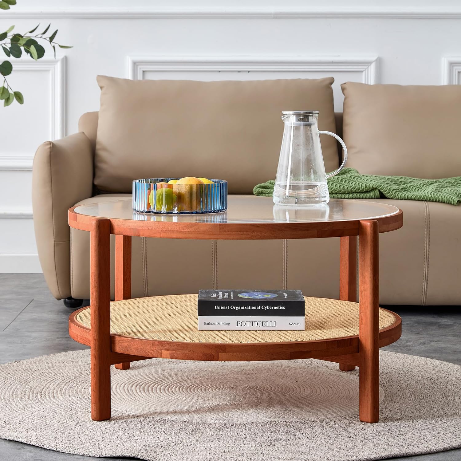 Mid Century Modern Coffee Table with Storage, 41.3 Inch Rectangle Wooden Accent Center Tables with Sliding PE Rattan Woven Door Panel and Solid Wood Legs, Suitable for Living Room, Apartment