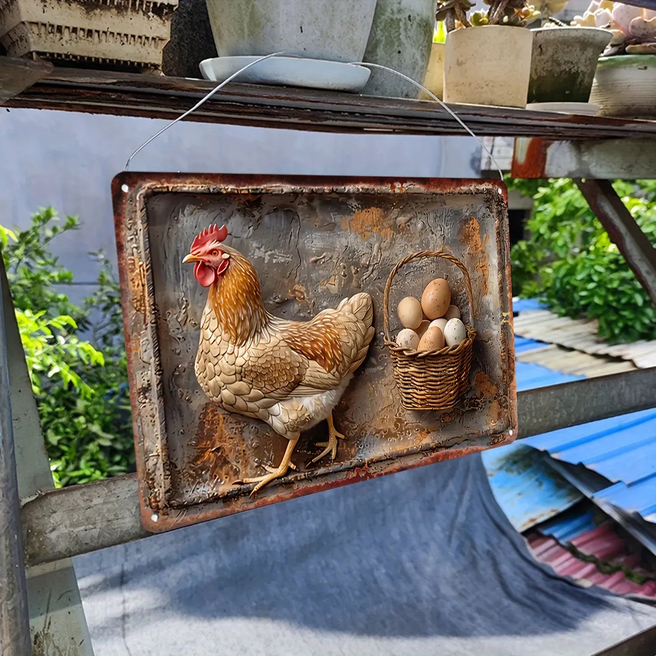 Vintage Chicken & Fresh Eggs Metal Sign