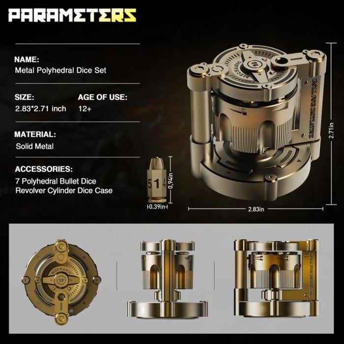 🔥Golden Metal Polyhedral Dice Set Toy of 7 with Spinning, Wheel Cylinder Container Metal Dice Set for DND,Cyberpunk Style Dice,Warhammer 40K,Sci-Fi,Adventure,or Mystery Theme Tabletop Games