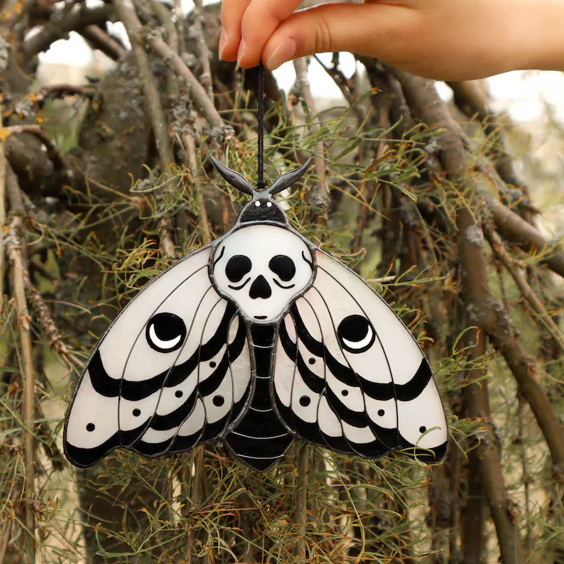 Handmade Skull Moth Stained Glass Suncatcher - Unique Christmas Decor and Garden Art