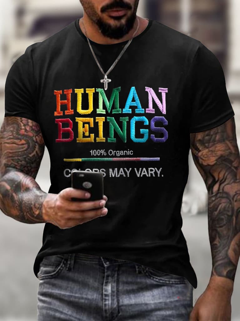 Men's Retro Human Beings 100% Organic Colors May Vary Human Rights Equality Pride Print T-Shirt