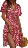 FENSACE Womens Sundress Summer Floral Short Sleeve Wrap V Neck A-Line Midi Dress