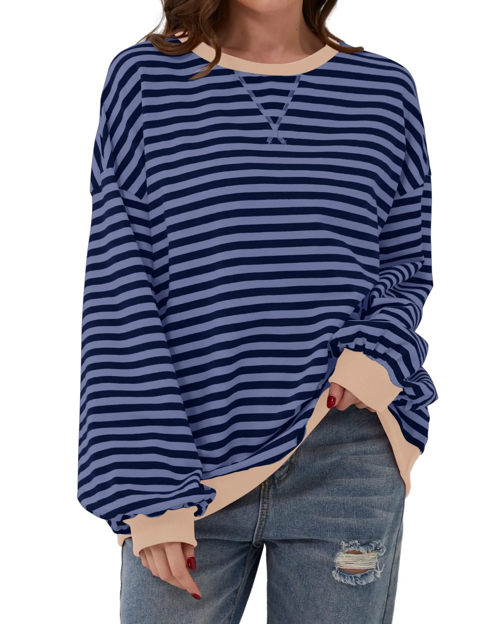 🔥 Women Oversized Striped Color Block Long Sleeve -Buy 2 Free Shipping