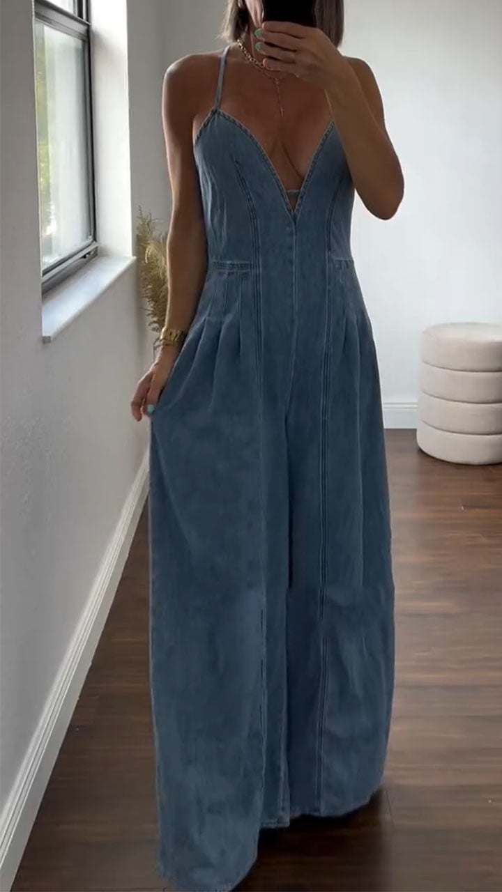 Women's V-neck Suspender Zipper Casual Denim Jumpsuit