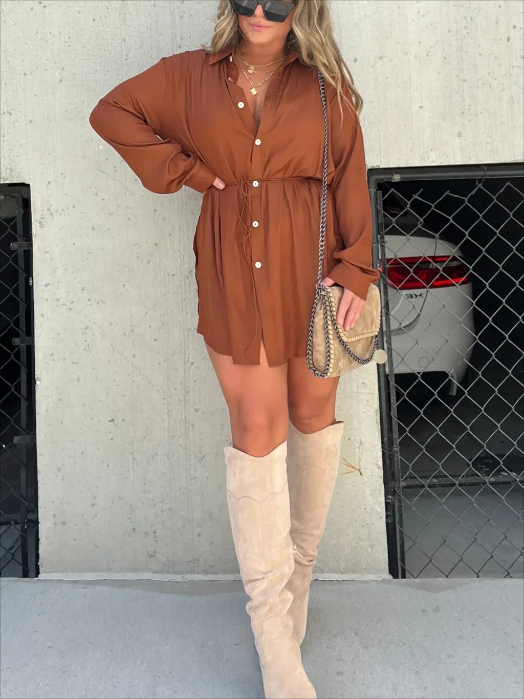 🔥🔥-Women's Solid Color Long Sleeve Shirt Dress