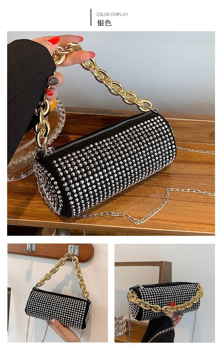 Women's shoulder bag full of diamonds, fashionable and versatile, bright diamond cylindrical bag
