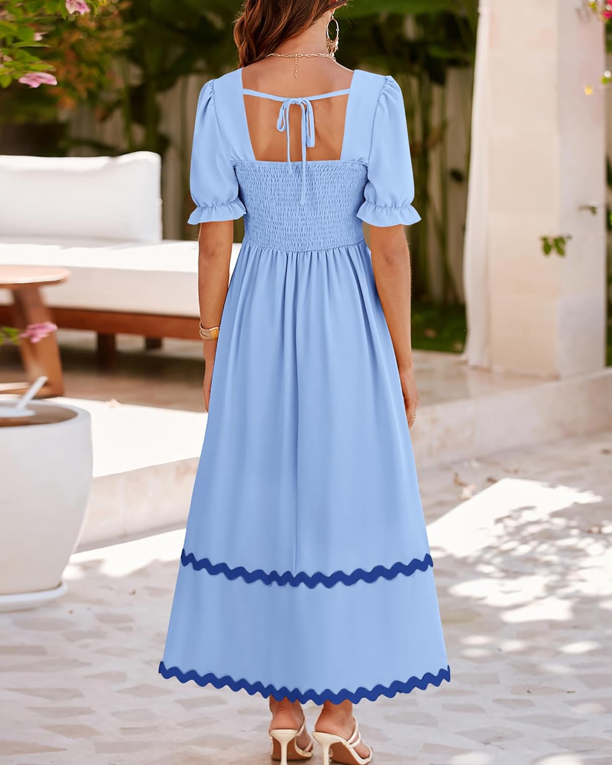 BTFBM Women's 2024 Summer Square Neck Short Puff Sleeve Dress Casual RIC Rac Tie Back Smocked A Line Flowy Maxi Dresses