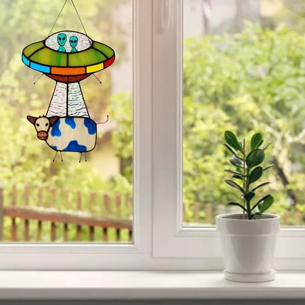 🛸UFO Abduction a Cow Stained Glass Suncatcher