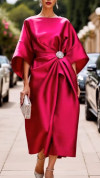 Women's Round Neck Satin Pleated Elegant Dress