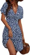 FENSACE Womens Sundress Summer Floral Short Sleeve Wrap V Neck A-Line Midi Dress