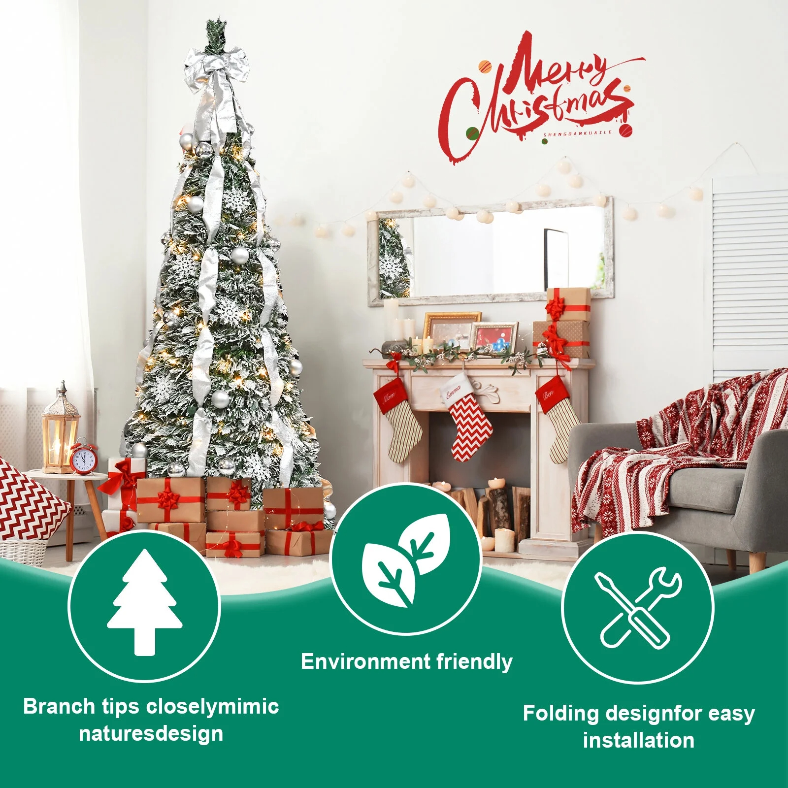 6FT Foldable Christmas Tree with LED Light and Ribbon