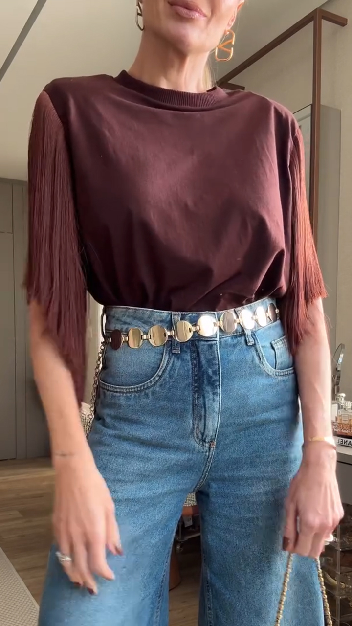 Women's Round Neck Fringe Stitching Casual Top
