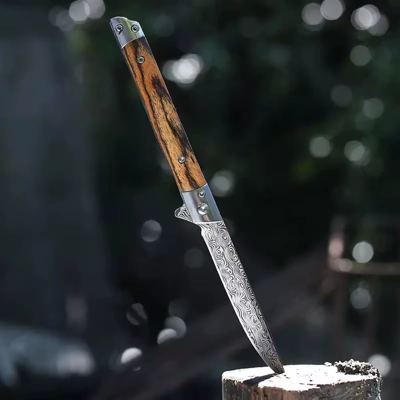 🌲 Outdoor Folding Knife with Wooden Handle & Leather Sheath