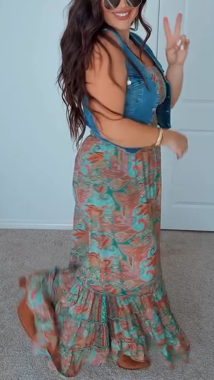 Ladies' Strapless Printed Hollow Out Dress+denim Cardigan Set