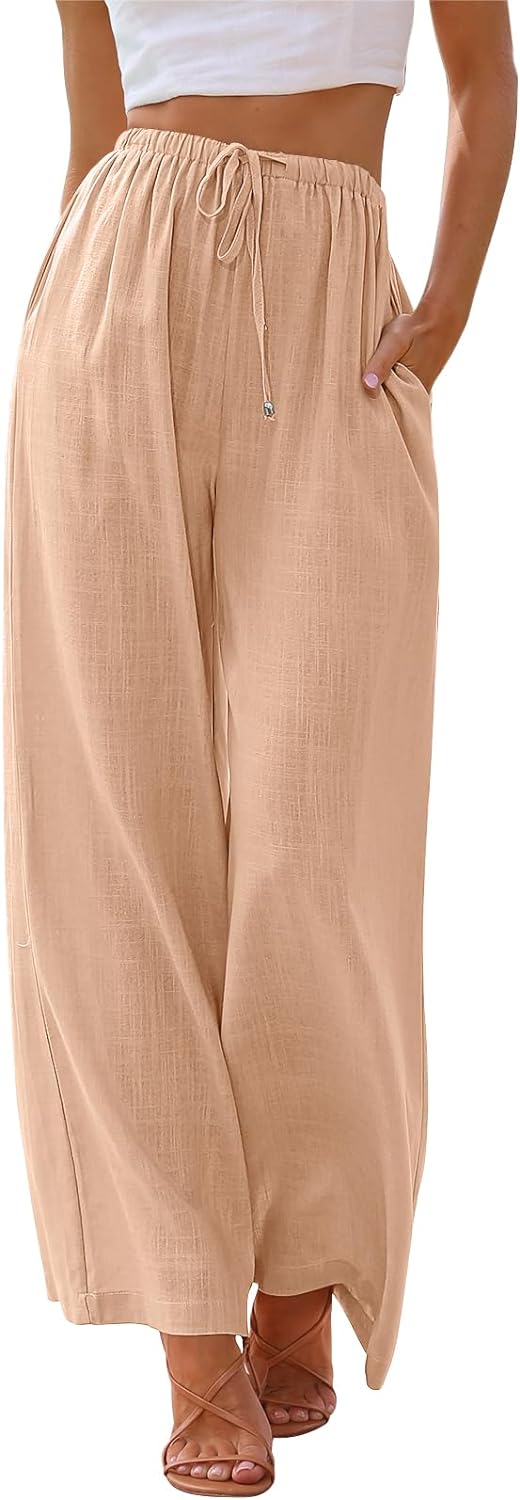 LILLUSORY Women's Linen Summer Palazzo Pants Flowy Wide Leg Beach Pants with Pockets