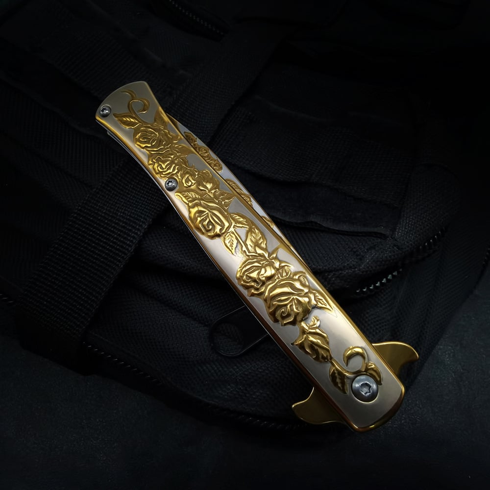 ⏰FREE SHIPPING NOW🔥🌹Vintage Luxury Gold Rose Design Spring Assisted Open EDC Blade Folding Survival Pocket Knife