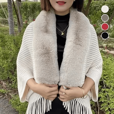 (🌲Early Christmas Sale - 49% OFF) 🔥2024 New Winter Knit Fringe Fur Collar Shawl, BUY 2 FREE SHIPPING