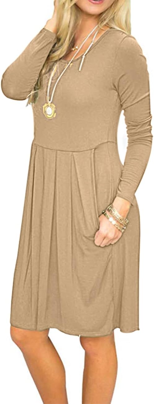 AUSELILY Women's Long Sleeve Pleated Loose Swing Casual Dress with Pockets Knee Length