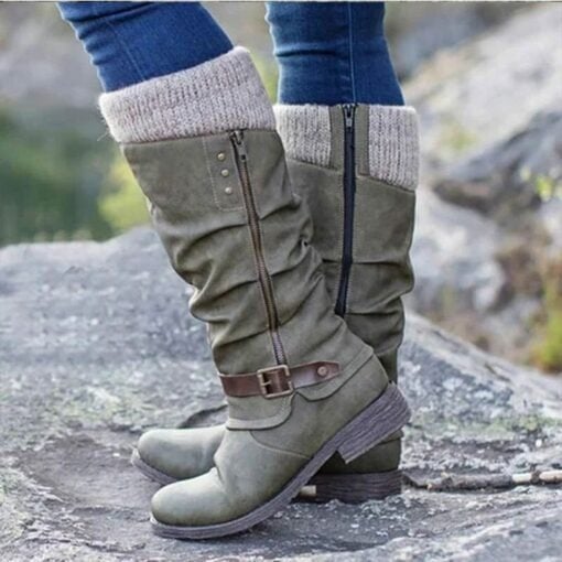 ⏰Last Day Promotion 50% OFF - Women’s Leather Flat Heel Mid-Calf Zipper Boots